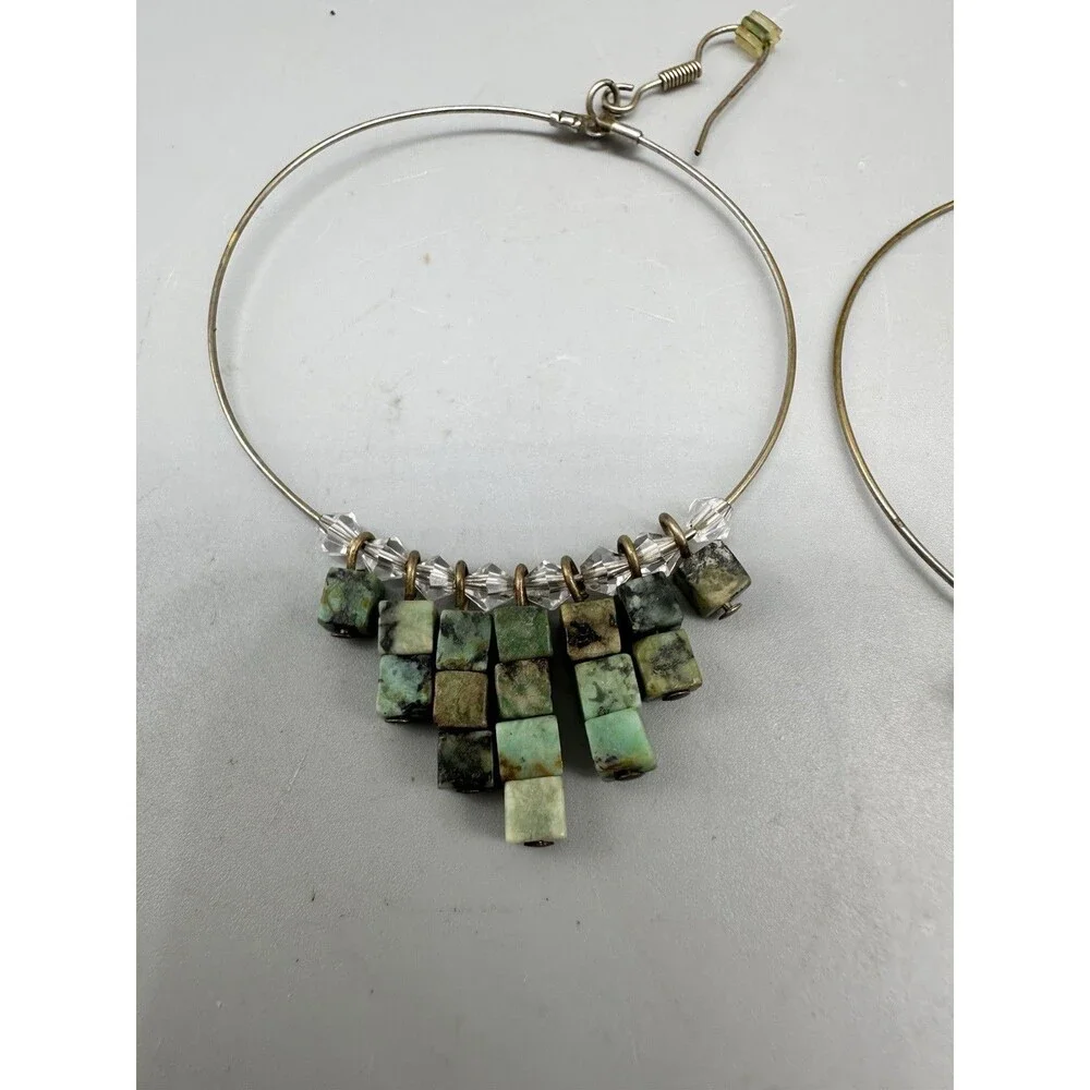 Unique Vintage Square Cube Bead Turquoise ? Stone Large Wire Hoop Earrings 2”